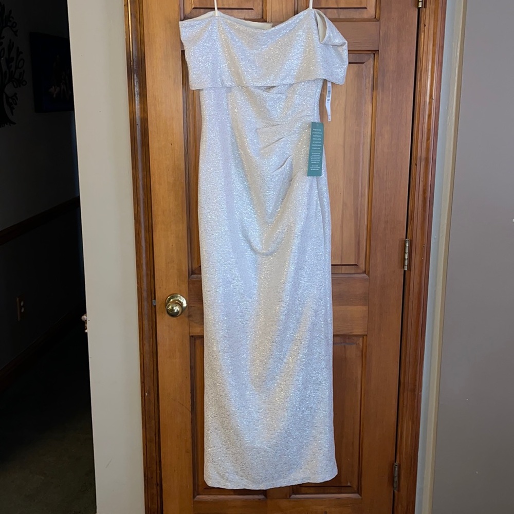 NEW gorgeous blush and silver off the shoulder evening gown